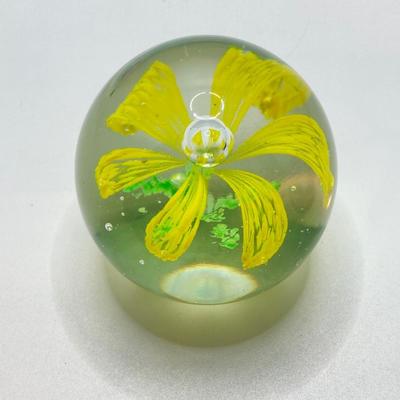 LOT 164: Pair of Glass Paperweights - Yellow Flower and Blue Abstract