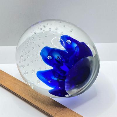 LOT 164: Pair of Glass Paperweights - Yellow Flower and Blue Abstract