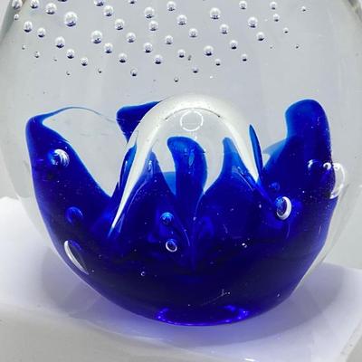LOT 164: Pair of Glass Paperweights - Yellow Flower and Blue Abstract