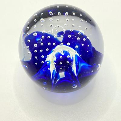 LOT 164: Pair of Glass Paperweights - Yellow Flower and Blue Abstract
