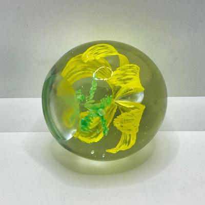 LOT 164: Pair of Glass Paperweights - Yellow Flower and Blue Abstract