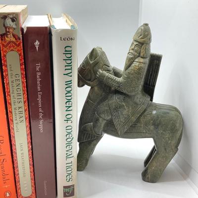 LOT 167: Pair of Carved Stone Bookends with Collection of Books