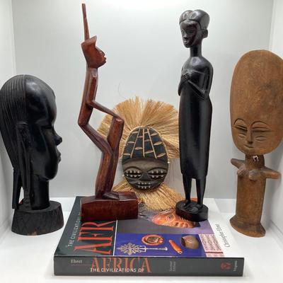 LOT 175: African Themed Collection - Carved Wooden Decor, Book and More
