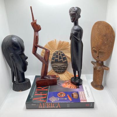 LOT 175: African Themed Collection - Carved Wooden Decor, Book and More