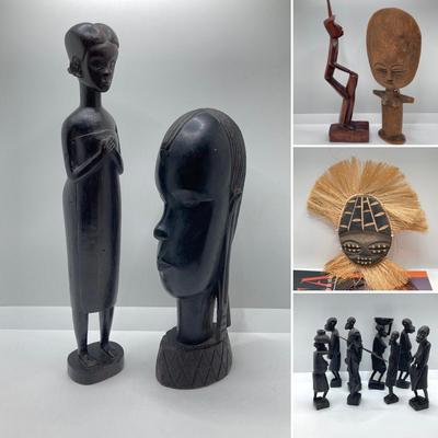 LOT 175: African Themed Collection - Carved Wooden Decor, Book and More
