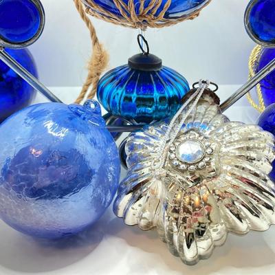 LOT 177: Vintage Blue Themed Art Glass Ornaments and More