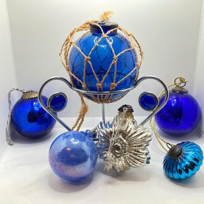 LOT 177: Vintage Blue Themed Art Glass Ornaments and More