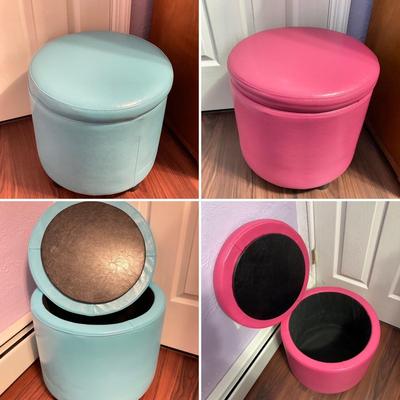 LOT 179: Pair of Pink and Blue Circular Storage Ottomans