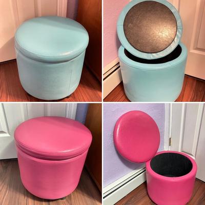 LOT 179: Pair of Pink and Blue Circular Storage Ottomans