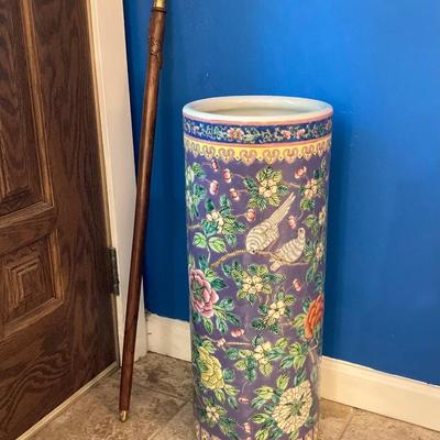 LOT 180: Vintage Chinese Ceramic Umbrella Stand / Cane Holder with Victorian-Style Brass and Carved Wood Walking Stick