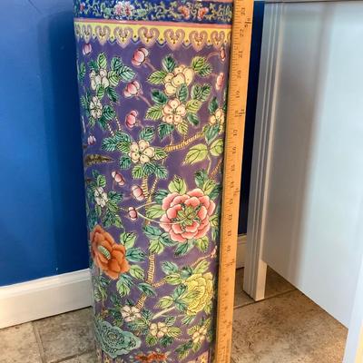 LOT 180: Vintage Chinese Ceramic Umbrella Stand / Cane Holder with Victorian-Style Brass and Carved Wood Walking Stick