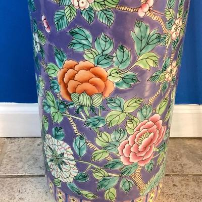 LOT 180: Vintage Chinese Ceramic Umbrella Stand / Cane Holder with Victorian-Style Brass and Carved Wood Walking Stick