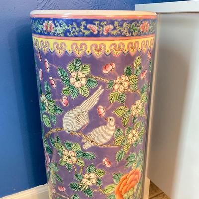 LOT 180: Vintage Chinese Ceramic Umbrella Stand / Cane Holder with Victorian-Style Brass and Carved Wood Walking Stick