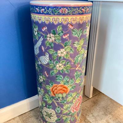 LOT 180: Vintage Chinese Ceramic Umbrella Stand / Cane Holder with Victorian-Style Brass and Carved Wood Walking Stick