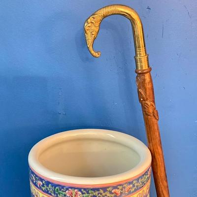 LOT 180: Vintage Chinese Ceramic Umbrella Stand / Cane Holder with Victorian-Style Brass and Carved Wood Walking Stick