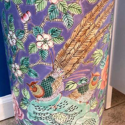 LOT 180: Vintage Chinese Ceramic Umbrella Stand / Cane Holder with Victorian-Style Brass and Carved Wood Walking Stick