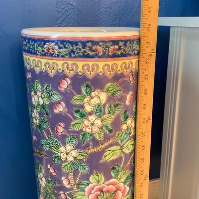 LOT 180: Vintage Chinese Ceramic Umbrella Stand / Cane Holder with Victorian-Style Brass and Carved Wood Walking Stick