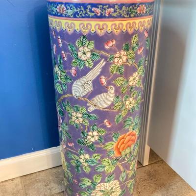 LOT 180: Vintage Chinese Ceramic Umbrella Stand / Cane Holder with Victorian-Style Brass and Carved Wood Walking Stick