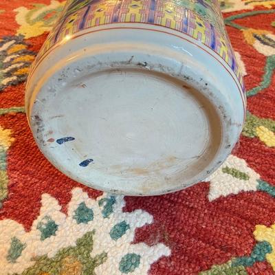 LOT 180: Vintage Chinese Ceramic Umbrella Stand / Cane Holder with Victorian-Style Brass and Carved Wood Walking Stick
