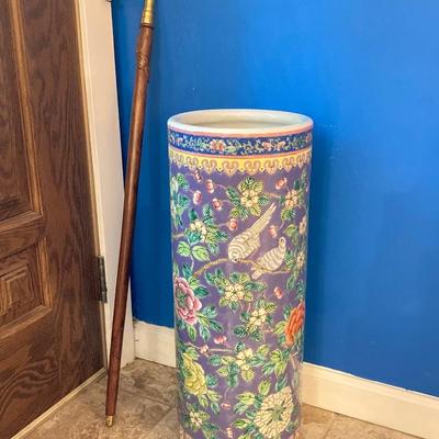 LOT 180: Vintage Chinese Ceramic Umbrella Stand / Cane Holder with Victorian-Style Brass and Carved Wood Walking Stick