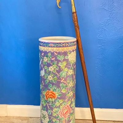 LOT 180: Vintage Chinese Ceramic Umbrella Stand / Cane Holder with Victorian-Style Brass and Carved Wood Walking Stick