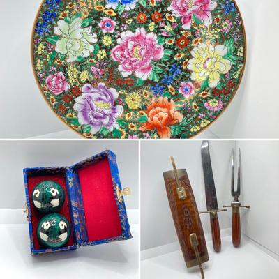 LOT 187: Knife and Fork Carving Set (India), Baoding Health Balls and Decorative Plate