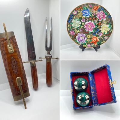 LOT 187: Knife and Fork Carving Set (India), Baoding Health Balls and Decorative Plate