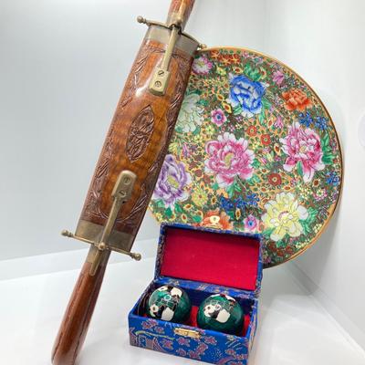 LOT 187: Knife and Fork Carving Set (India), Baoding Health Balls and Decorative Plate