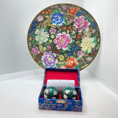 LOT 187: Knife and Fork Carving Set (India), Baoding Health Balls and Decorative Plate