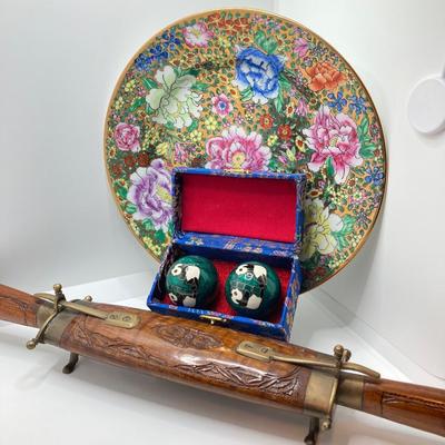 LOT 187: Knife and Fork Carving Set (India), Baoding Health Balls and Decorative Plate