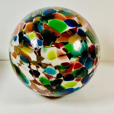 LOT 190: Beautiful Multicolored Blown Glass Orb on Driftwood Base