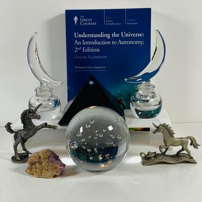 LOT More to Heaven and Earth Collection of Cresent Moon Glass Perfume Bottles, Glass Orb Paperweight, Pryamid, Unicorns and More