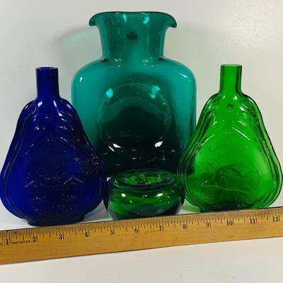 LOT 192: Blenko Glass Bottle, Two (2) Clevenger Bros. Glass Bottles, and a Glass Apple Paperweight