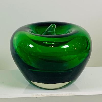 LOT 192: Blenko Glass Bottle, Two (2) Clevenger Bros. Glass Bottles, and a Glass Apple Paperweight