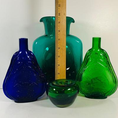 LOT 192: Blenko Glass Bottle, Two (2) Clevenger Bros. Glass Bottles, and a Glass Apple Paperweight