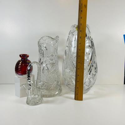 LOT 194: Large Crystal Nachtmann Crystal Vase, Large Crystal Pitcher, Crystal Basket and Art Glass Bottle