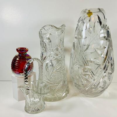 LOT 194: Large Crystal Nachtmann Crystal Vase, Large Crystal Pitcher, Crystal Basket and Art Glass Bottle