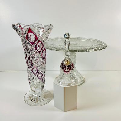 LOT 195: Bleikristal Crystal Vase, Crystal Bell with Cut Glass Heart and a Crystal Cake Dish