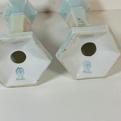 LOT 199: Collection of Antique Hand Painted Ceramics, Including Candle Sticks, Hat Pin Holder, and Trinket Boxes