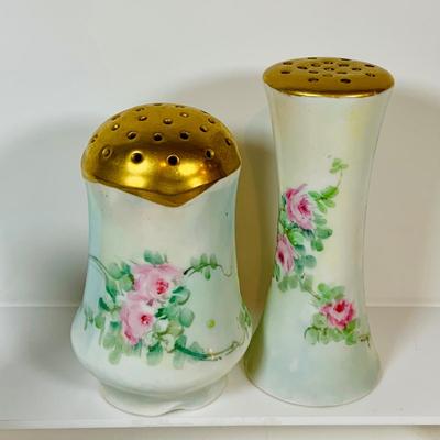 LOT 199: Collection of Antique Hand Painted Ceramics, Including Candle Sticks, Hat Pin Holder, and Trinket Boxes
