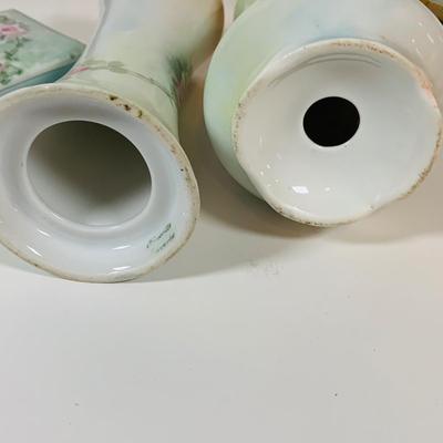LOT 199: Collection of Antique Hand Painted Ceramics, Including Candle Sticks, Hat Pin Holder, and Trinket Boxes