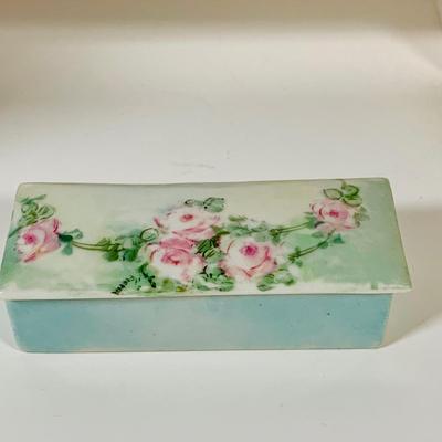LOT 199: Collection of Antique Hand Painted Ceramics, Including Candle Sticks, Hat Pin Holder, and Trinket Boxes