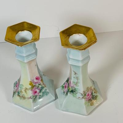 LOT 199: Collection of Antique Hand Painted Ceramics, Including Candle Sticks, Hat Pin Holder, and Trinket Boxes