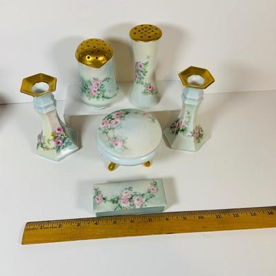 LOT 199: Collection of Antique Hand Painted Ceramics, Including Candle Sticks, Hat Pin Holder, and Trinket Boxes