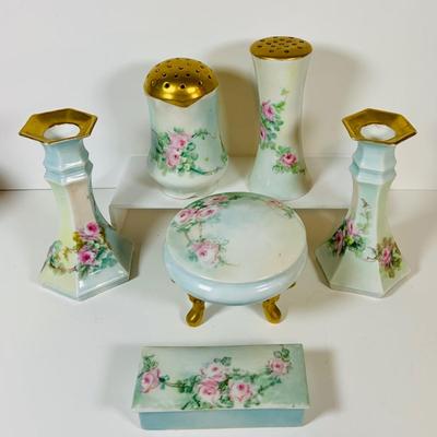 LOT 199: Collection of Antique Hand Painted Ceramics, Including Candle Sticks, Hat Pin Holder, and Trinket Boxes