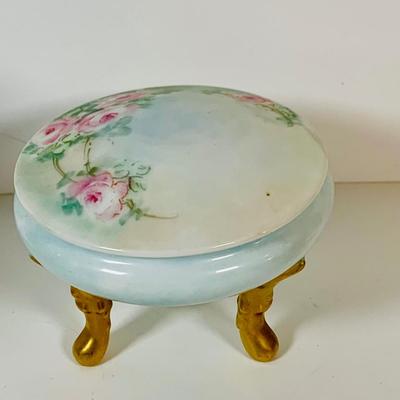 LOT 199: Collection of Antique Hand Painted Ceramics, Including Candle Sticks, Hat Pin Holder, and Trinket Boxes