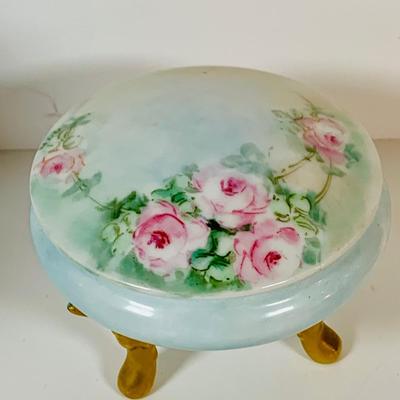 LOT 199: Collection of Antique Hand Painted Ceramics, Including Candle Sticks, Hat Pin Holder, and Trinket Boxes