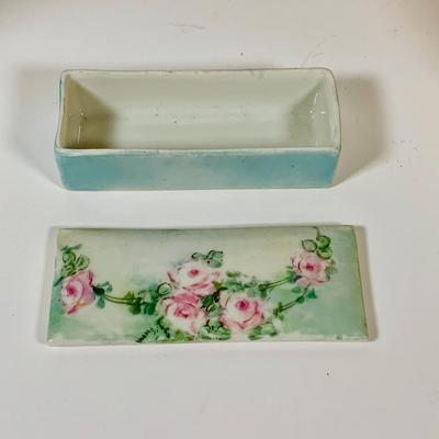 LOT 199: Collection of Antique Hand Painted Ceramics, Including Candle Sticks, Hat Pin Holder, and Trinket Boxes
