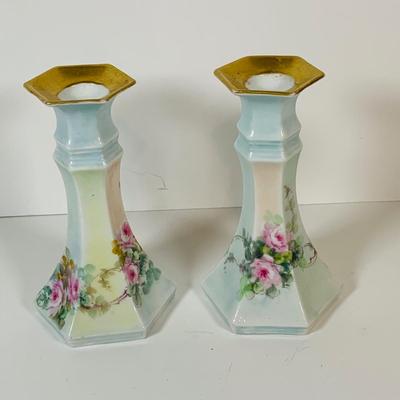 LOT 199: Collection of Antique Hand Painted Ceramics, Including Candle Sticks, Hat Pin Holder, and Trinket Boxes