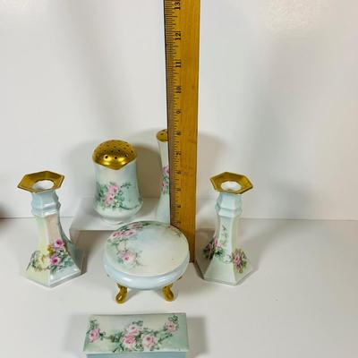 LOT 199: Collection of Antique Hand Painted Ceramics, Including Candle Sticks, Hat Pin Holder, and Trinket Boxes